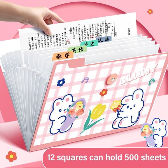 Fashion PP Envelope Folder 8/13 Pockets Portfolio Large Capacity A4 File Folder File Organizer Test Paper Storage Folder Document Bag PINK 12 POCKETS