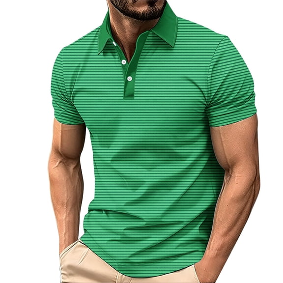 Avirosel Men's Summer Breathable Short Sleeve Shirt Striped Color Block Casual Polo with 3 Buttons for Outdoor Sports and Daily Wear Army Green