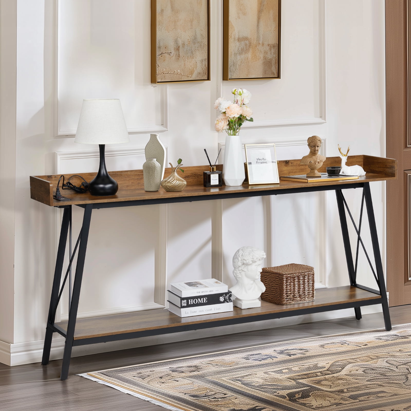 Ktaxon 71in Narrow Console Table with 2 Power Outlets & USB Ports, Rustic Sofa Table Behind Couch for Living Room, Narrow Entryway Hallway Long Bar Table, Brown