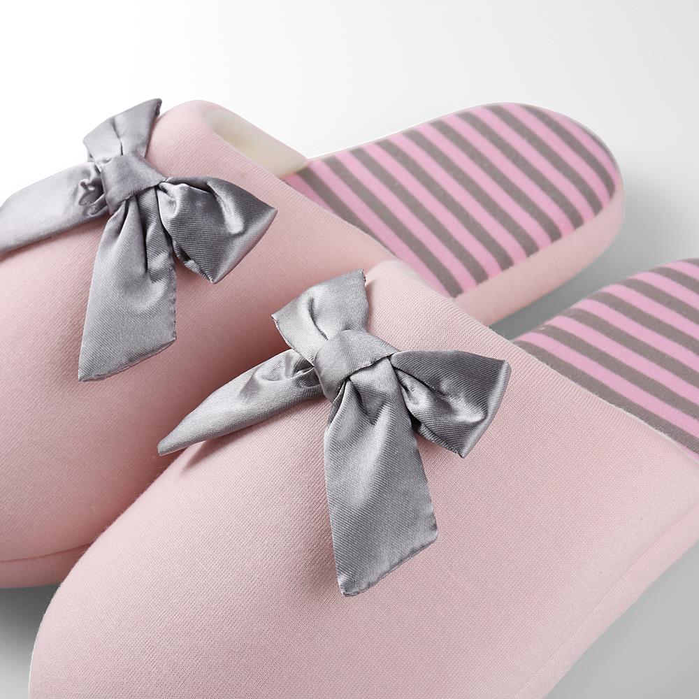 Women’s Waffle-Stripes & Bow Indoor Slippers – Plush Fleece Lined Slip-On House Shoes with Non-Slip Weather-Resistant Outsole