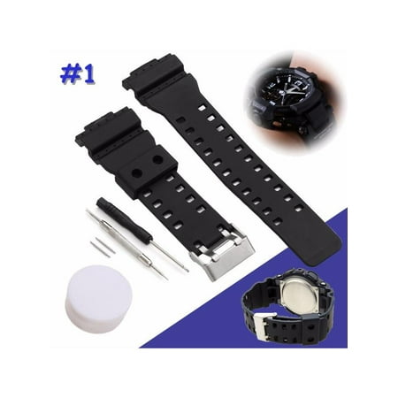 Black Silicon Strap - Black Silicone Rubber Replacement Strap Band With Tool For G-Shock Watch Fitting 16mm Width - for G-Shock GA-100 G-8900 GW-8900 + Many More