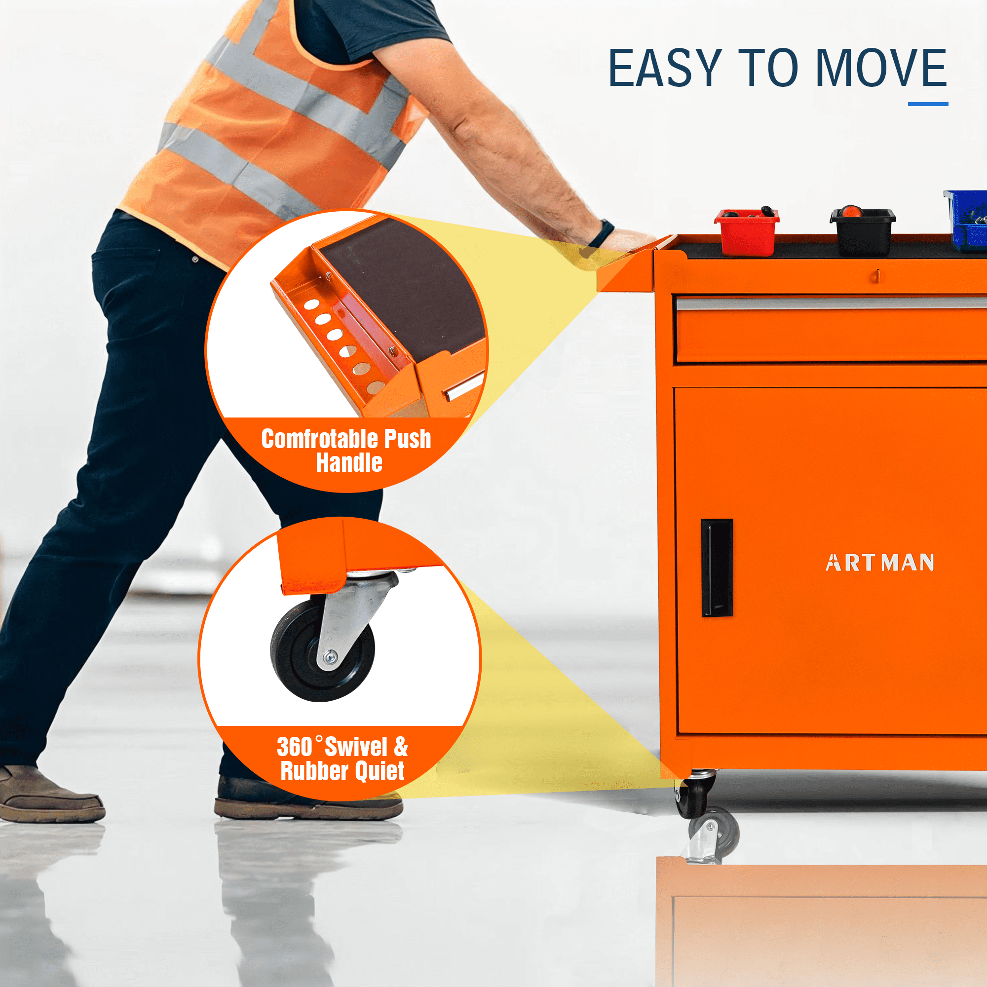 Tool Box, Seizeen Rolling Tool Chest, Stainless Steel Tool Box with Brake Wheels and 4 Drawers, Detachable Tool Cart, Orange