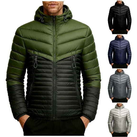 LEKWK Down Puffer Jacket Men Padded Warm Winter Coat Zip Up Lightweight Jackets Thick Quilted Hooded Puffy Coats with Pockets Outerwear, Army Green L
