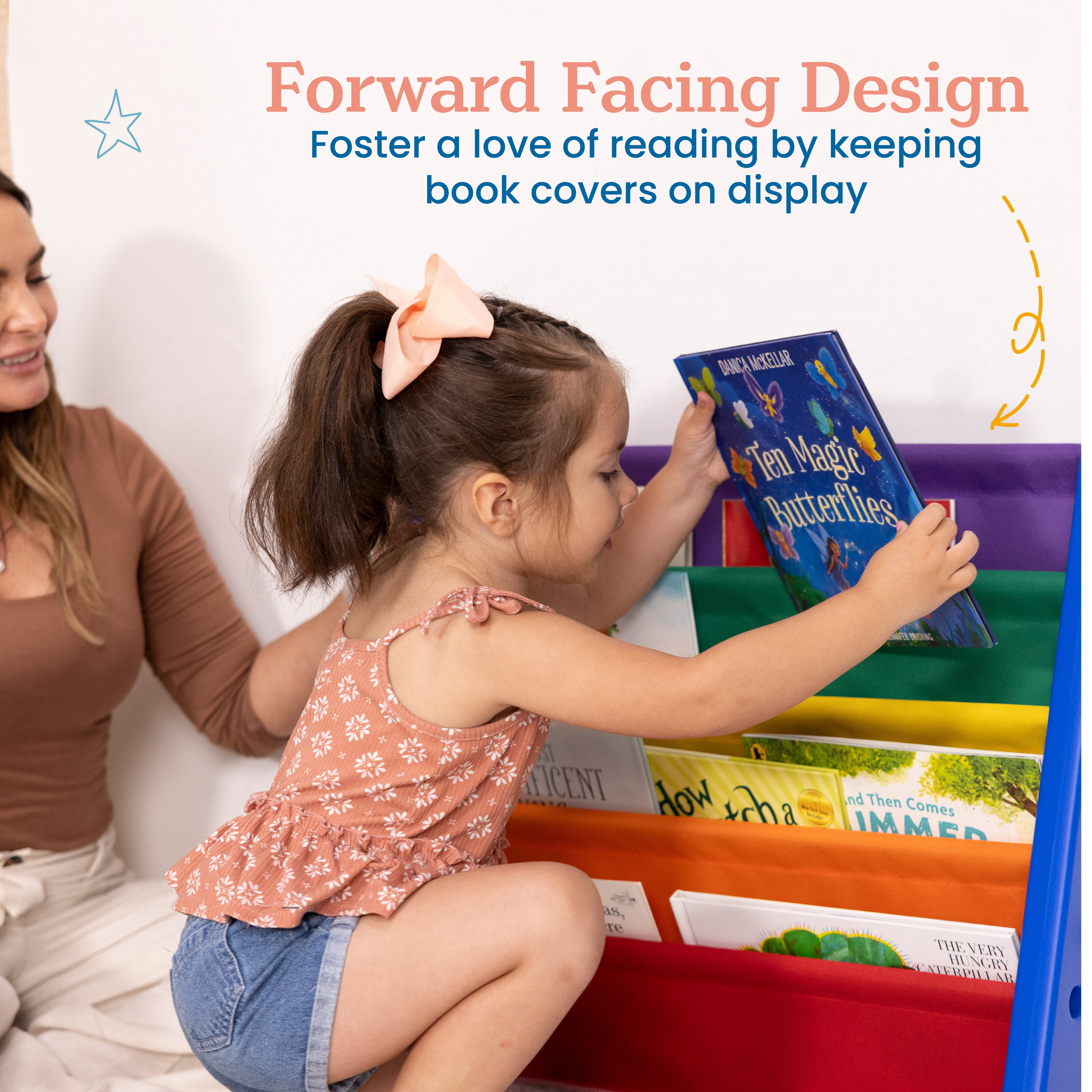 ECR4Kids 4-Tier Sling Book Display with Deep Fabric Pockets, Primary