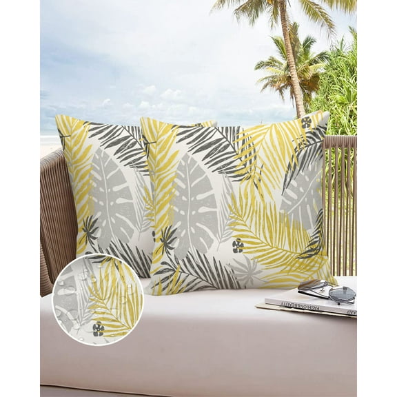 Outdoor Throw Pillow Cover Gold Grey Palm and Banana Leaves Waterproof Cushion Covers 2 Pack Tropical Botanical Foliage Sketch Pillow Cases Home Decoration for Patio Garden Couch Sofa