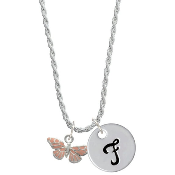 Delight Jewelry Silvertone Small Pink Butterfly Silvertone Script Initial Disc - F - Charm Necklace, 20"+3"