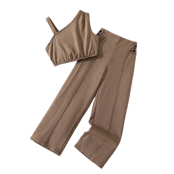 RMGVDSD Kids Girls Summer Outfits One-Shoulder Crop Tops Sleeveless Tank Top And Wide Leg Pants Two Piece Set Solid Color Casual Clothes 7-8 Years