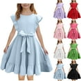 thumbnail image 1 of MKOSPLRT 3-14 Ans Robes à Volants pour Fille Manches Volantées Col Ras du Cou Robes Trapèze Unies Décontractées Robe Midi Évasée Robes de Cocktail Fluides avec Ceinture, 1 of 8