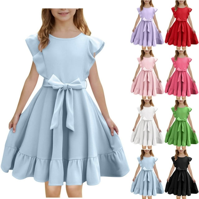 MKOSPLRT 3-14 Ans Robes à Volants pour Fille Manches Volantées Col Ras du Cou Robes Trapèze Unies Décontractées Robe Midi Évasée Robes de Cocktail Fluides avec Ceinture