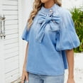 thumbnail image 7 of Hvot&aat Women's Bow Design Denim Pullover Mock Neck Puff Short Sleeve Tops Elegant Workwear Blouse, 7 of 7
