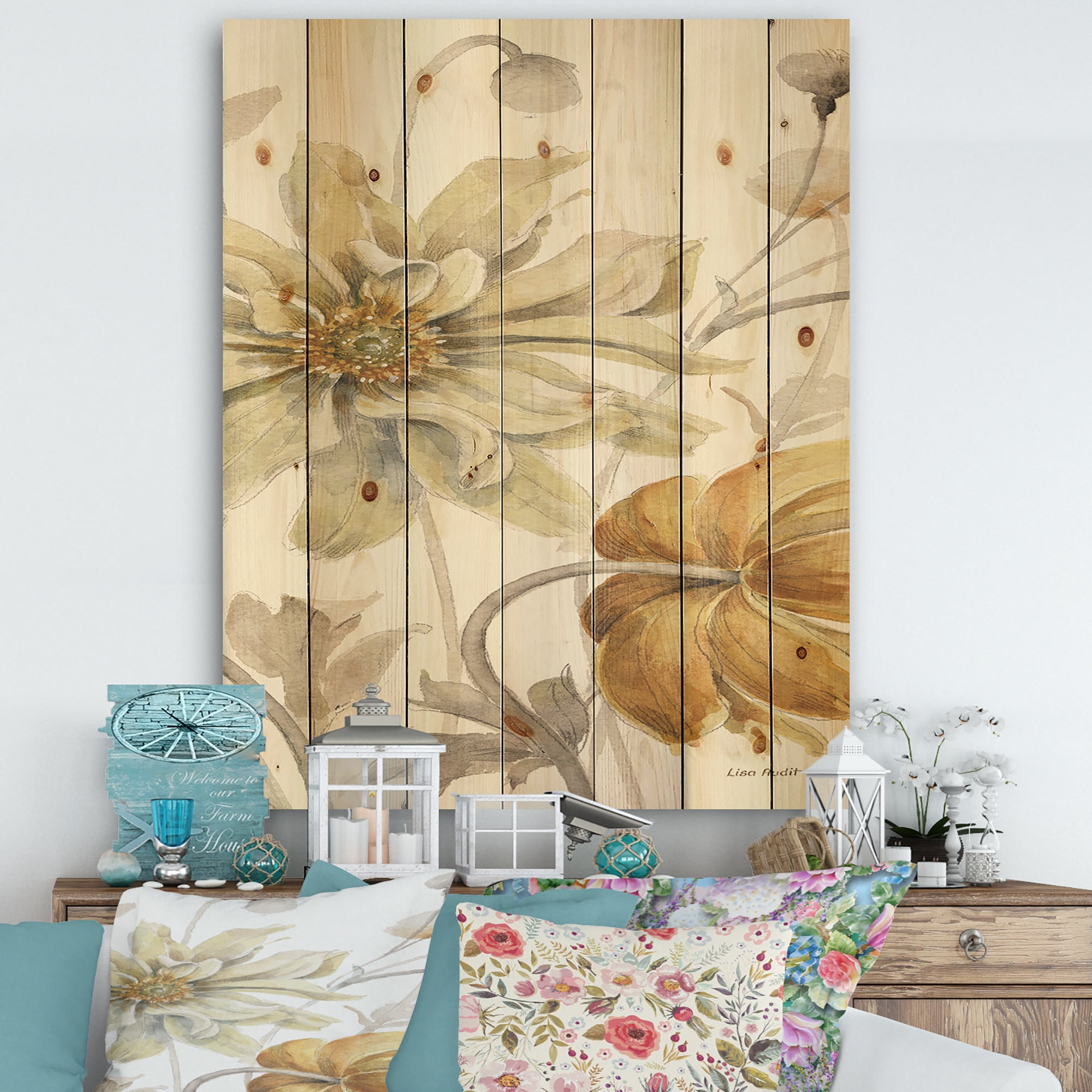 Designart 'Fields of Gold Watercolor Flower I' Cabin & Lodge Print on Natural Pine Wood