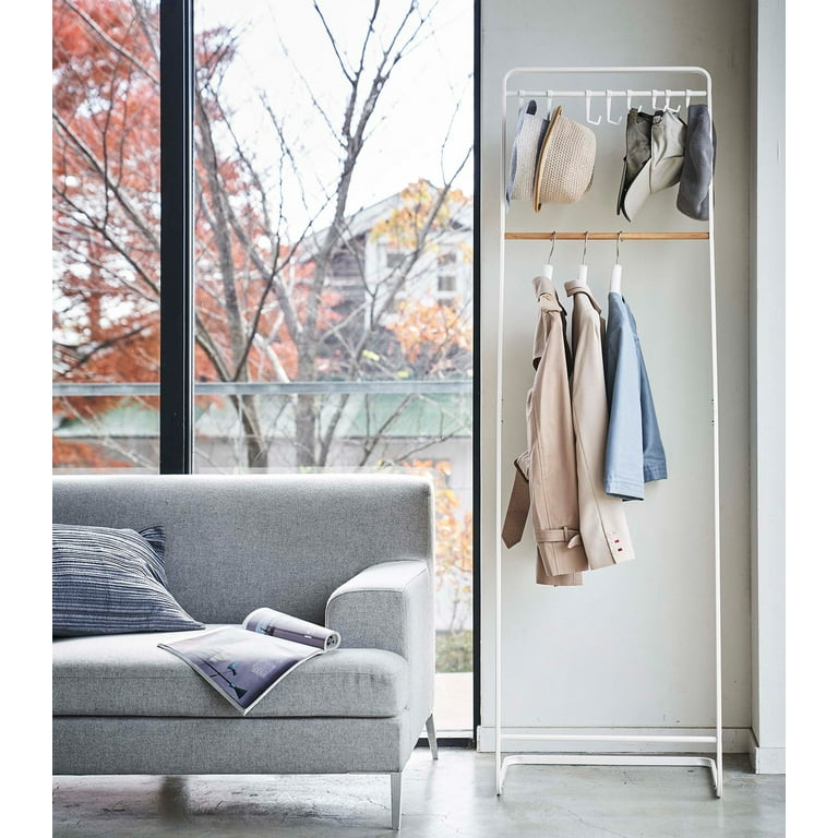 Yamazaki Home Freestanding Coat Hanger Rack with Wooden Hooks, Space Saving  Steel One Size White