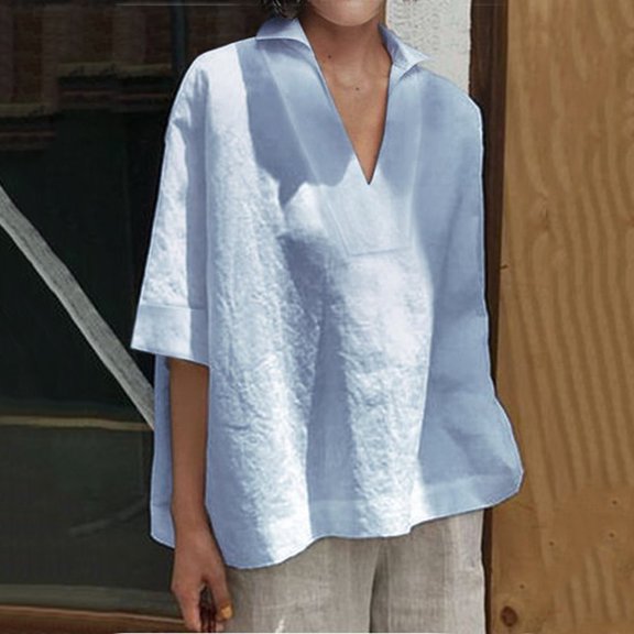 iHengLiXing Tops for Women Plus Size Women Short Sleeve V Neck Casual Loose Tops Ladies Shirts Blouse Blue L