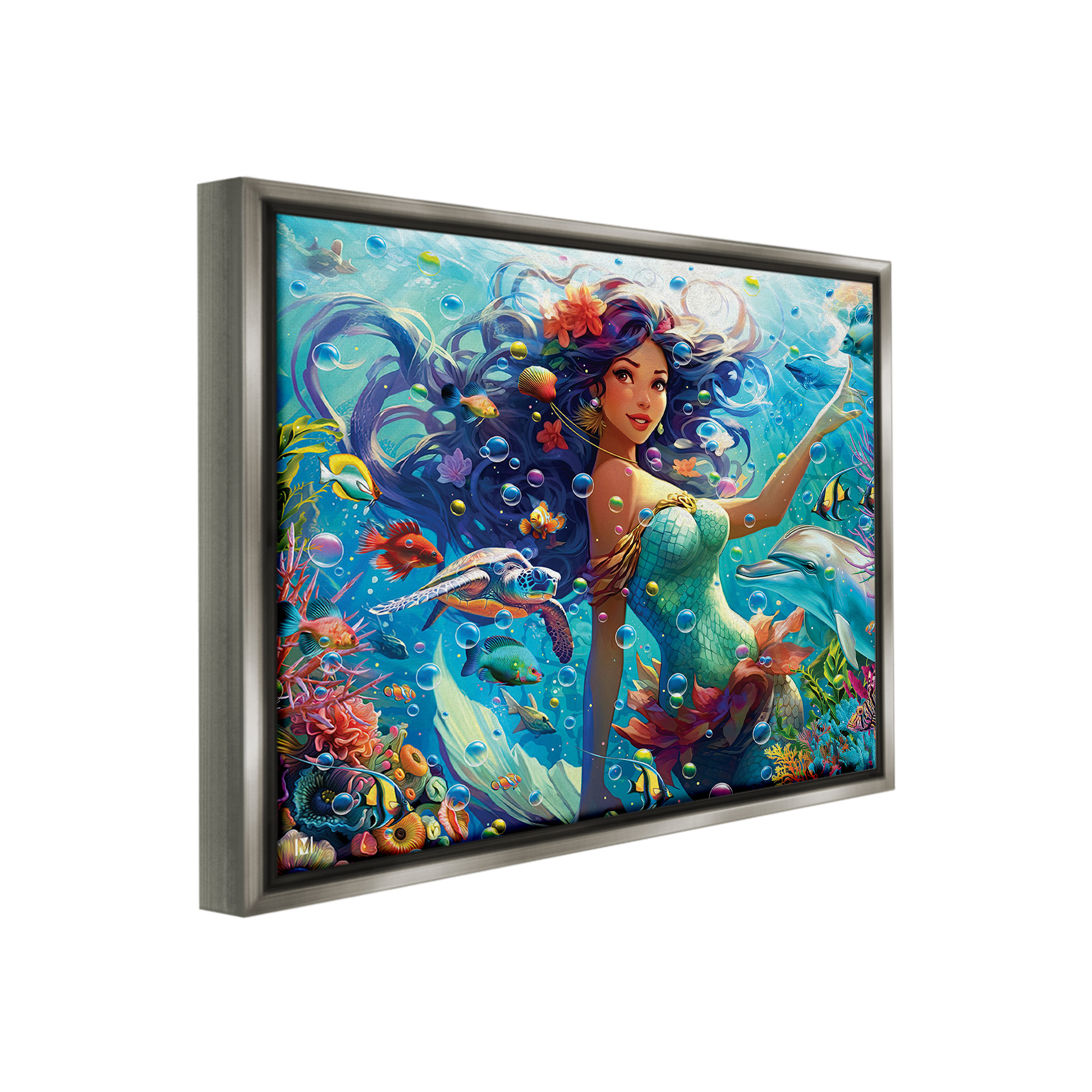 Stupell Industries Mermaid & Marine Animals Fairy Tales & Fantasy Painting Gray Floater Framed Canvas Art Print Wall Art, 21 x 17