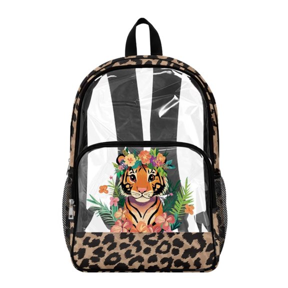 ZIATUBLES Clear Backpack, Heavy Duty Fabric & PVC Transparent Bookbag with Tiger Flower Leopard Print, Large Capacity See Through Backpack for School College Work Travel Security