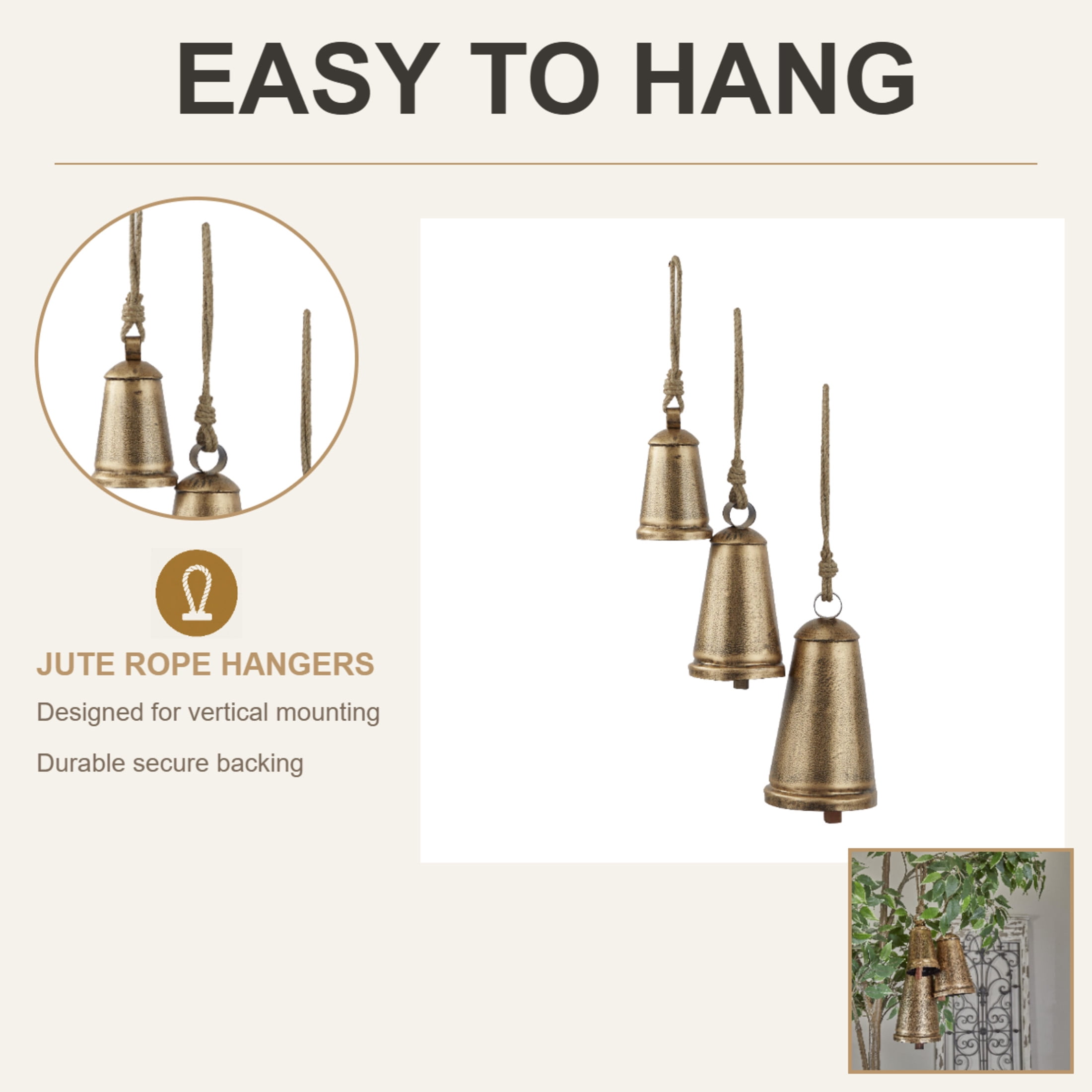 DecMode Tibetan Inspired Bronze Metal Conical Decorative Cow Bells with Jute Hanging Rope, 3 Count