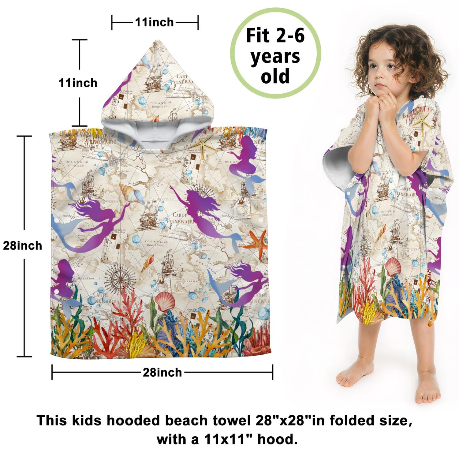 Hooded Kids Beach Towels - Toddler Bath Towel Girls Boys Swimming Cover-ups for Ages 2 to 6 Kids Pool Towels Quick Dry Lightweight Soft Microfiber Poncho Towel 28x28 (Mermaid Seashell)