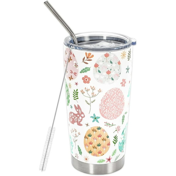 Easter Tumbler with Lid and Straw Colorful Easter Egg Bunny Flower Tumbler Cup Spring Easter Stainless Steel Cup for Home Office Travel