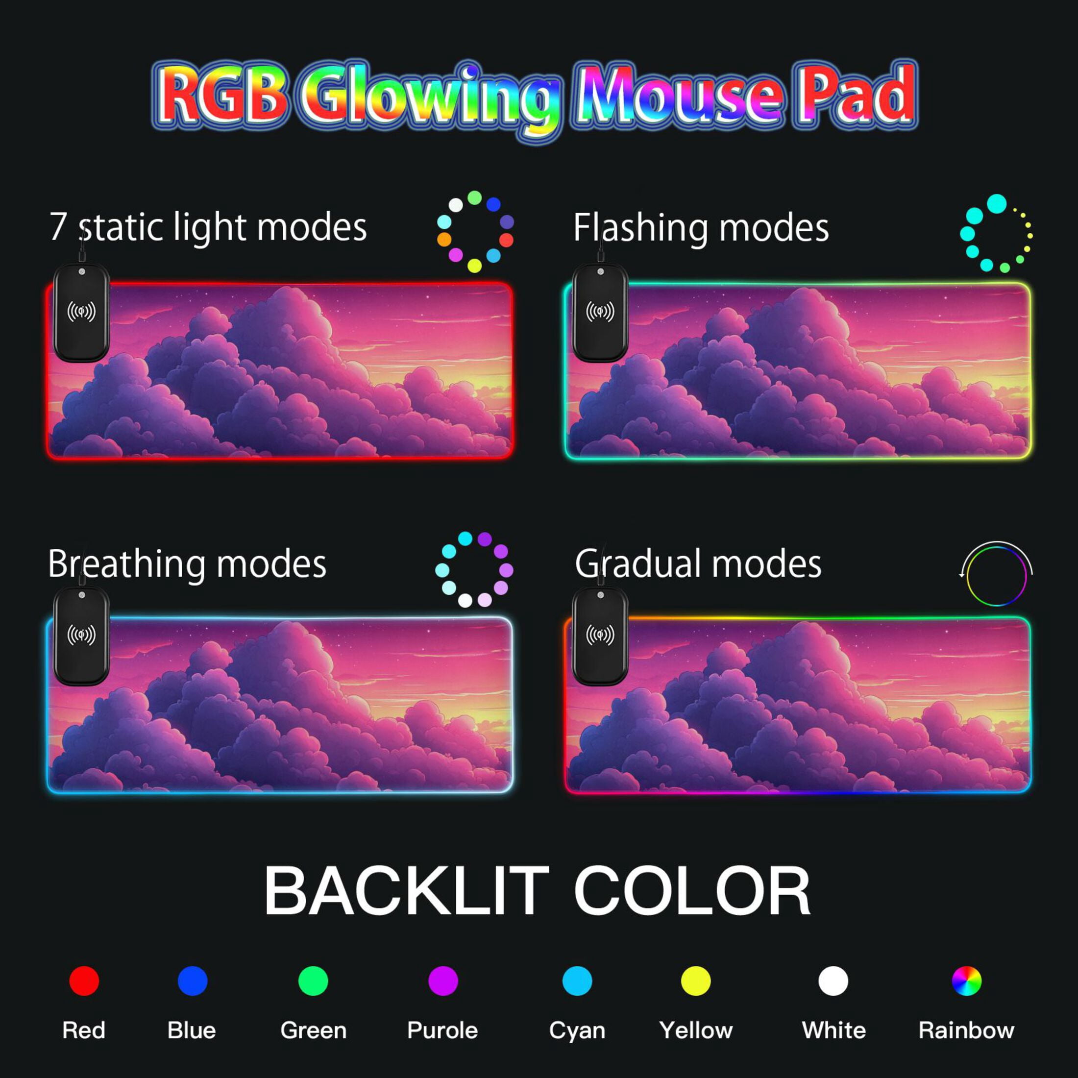 Purple Clouds Cartoon Wireless Charging RGB Gaming Mouse Pad Large Keyboard Mat Rubber Base 13 Light Modes