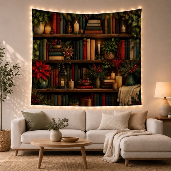 Bookshelf Shelves with Candles and Poinsettias, Nostalgic Vintage for Book Lovers, Library Wall Decor, Christmas Gift, Tapestry Wall Hanging for Home Library and Study Room