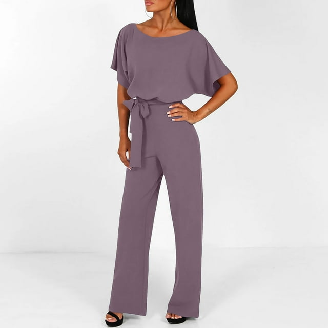 LOVZFMLL Combinaison pour Femme, Été à Manches Courtes Confortable Décontractée à Bretelles Combinaison Unie Violet, m
