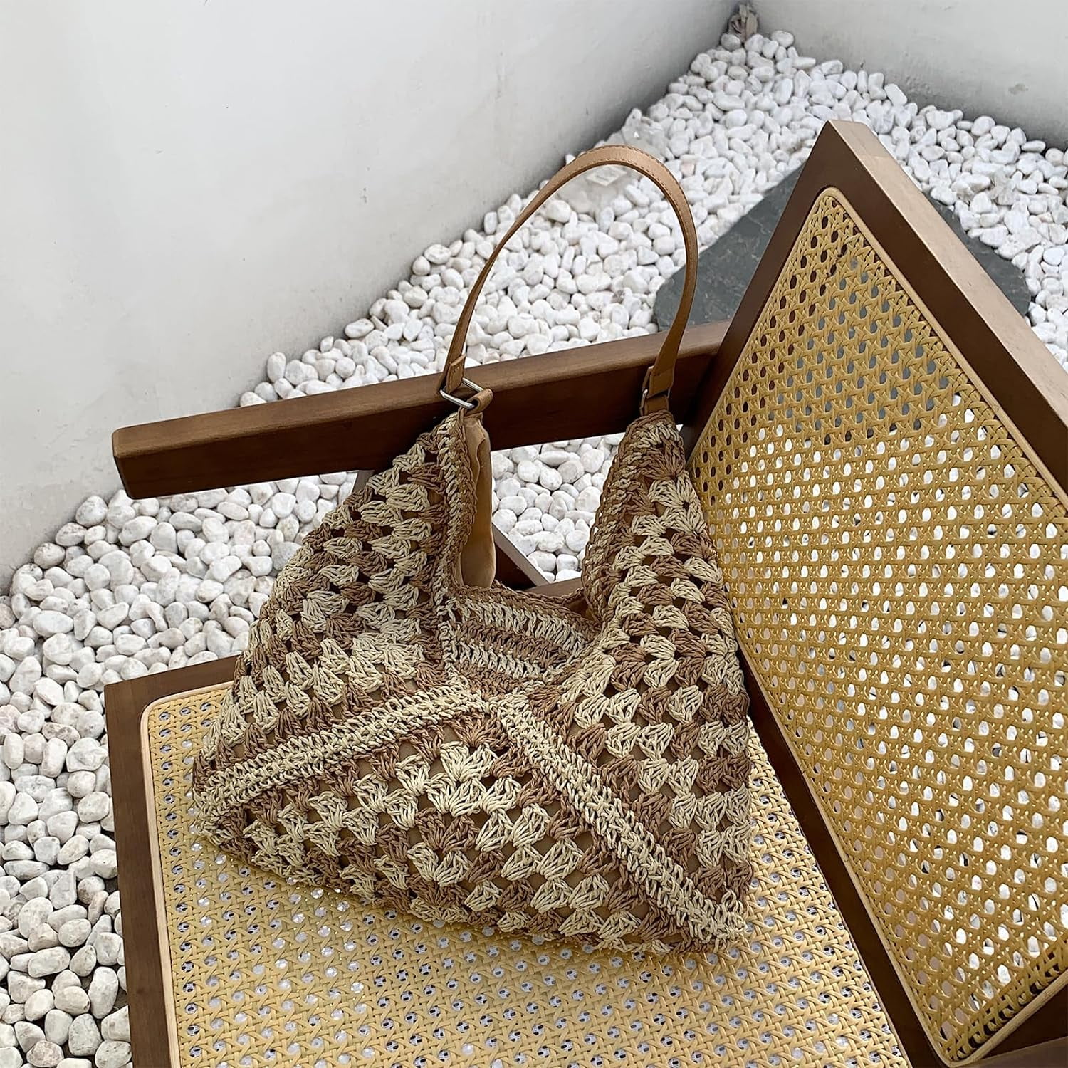 BURIBURI Straw Bags for Women, Summer Straw Purse Crochet Beach Bag Tote Bag Aesthetic Trendy Straw Shoulder Handbags