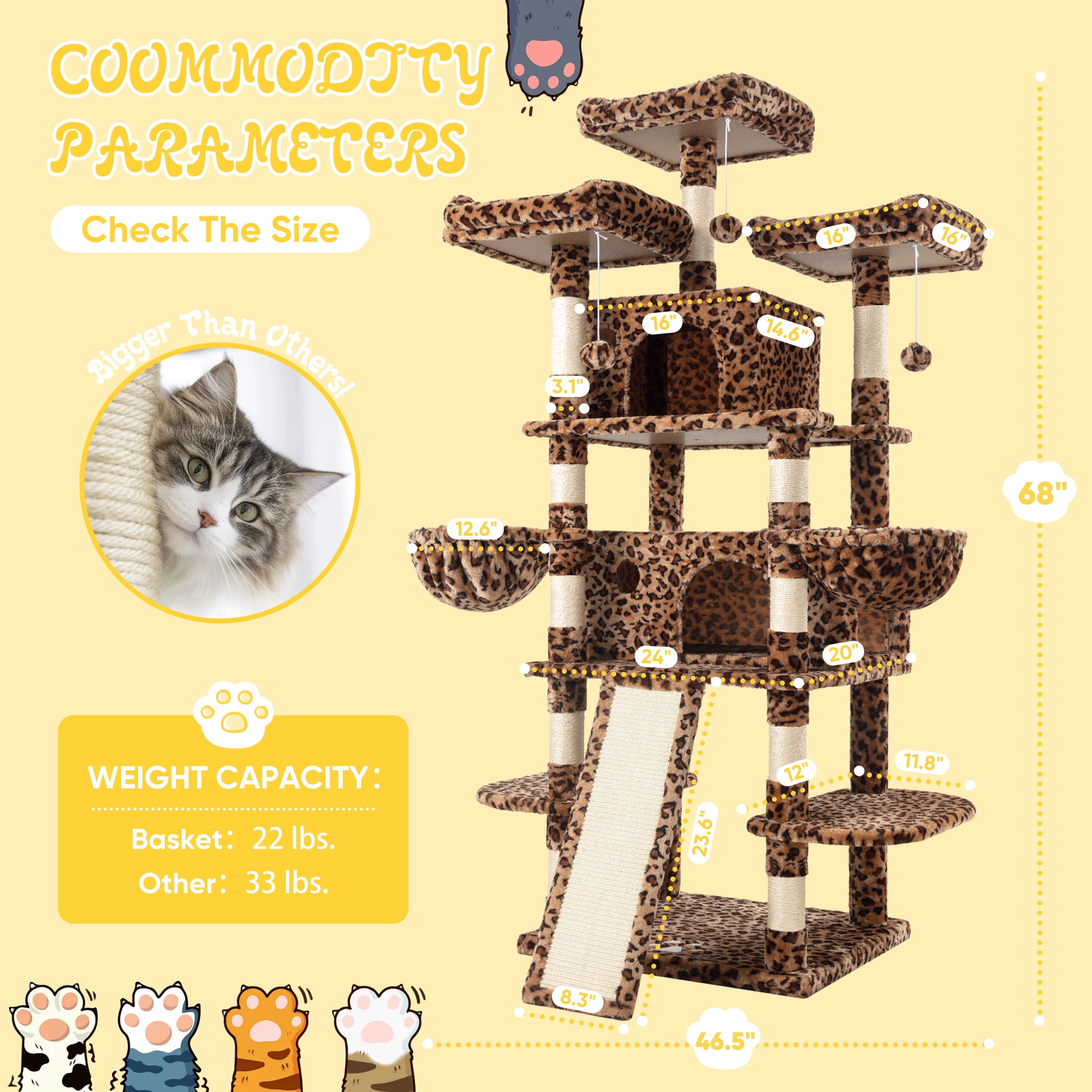 Sha Cerlin 68" X Large Cat Tree and Tower for Cats with Condo House, Sisal Scratching Board & Posts, Leopard Print