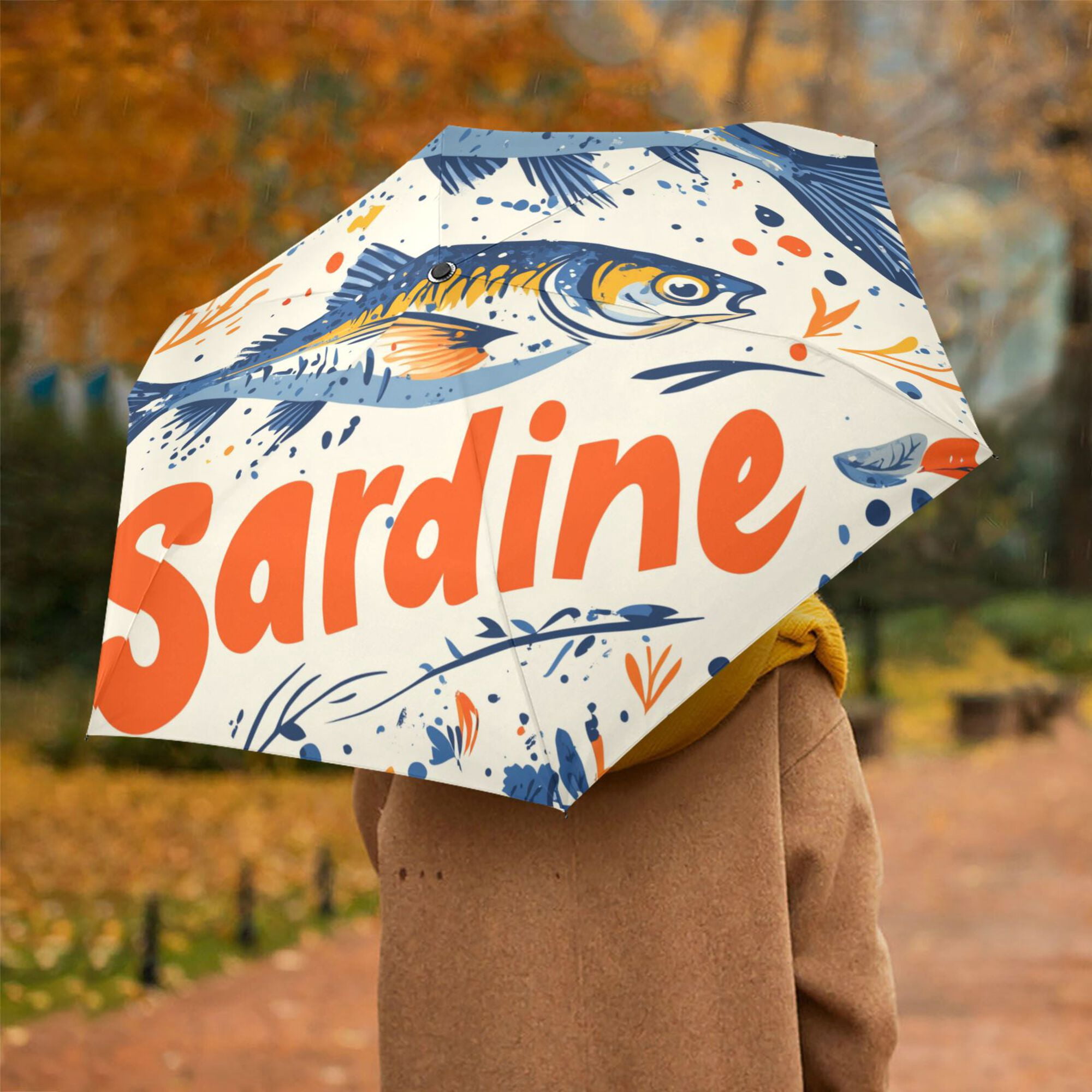 FORMRS Travel Umbrella Folding Auto Open Close Windproof Rain UV Protection, Blue Sardines Pattern
