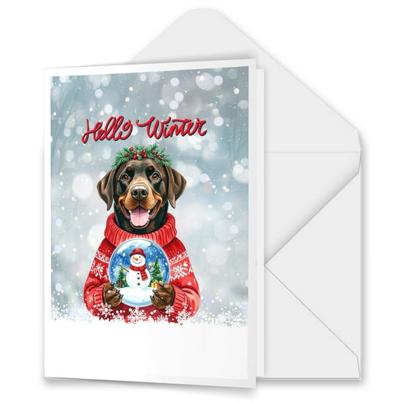 Hello Welcome Winter Chesapeake Bay Retriever Holding Snow Globe Snowman 5x7in Folded Greeting Card Chessie Dog Lover Single Note Card with Envelope - 13015