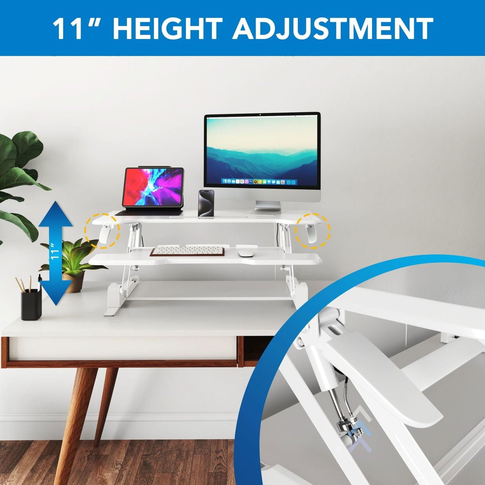 Mount-It! 38'' Standing Desk Converter – Height Adjustable Sit Stand Riser with Dual Monitor Space, Keyboard Tray & Device Slot – Gas Spring Lift, MDF Desktop, White
