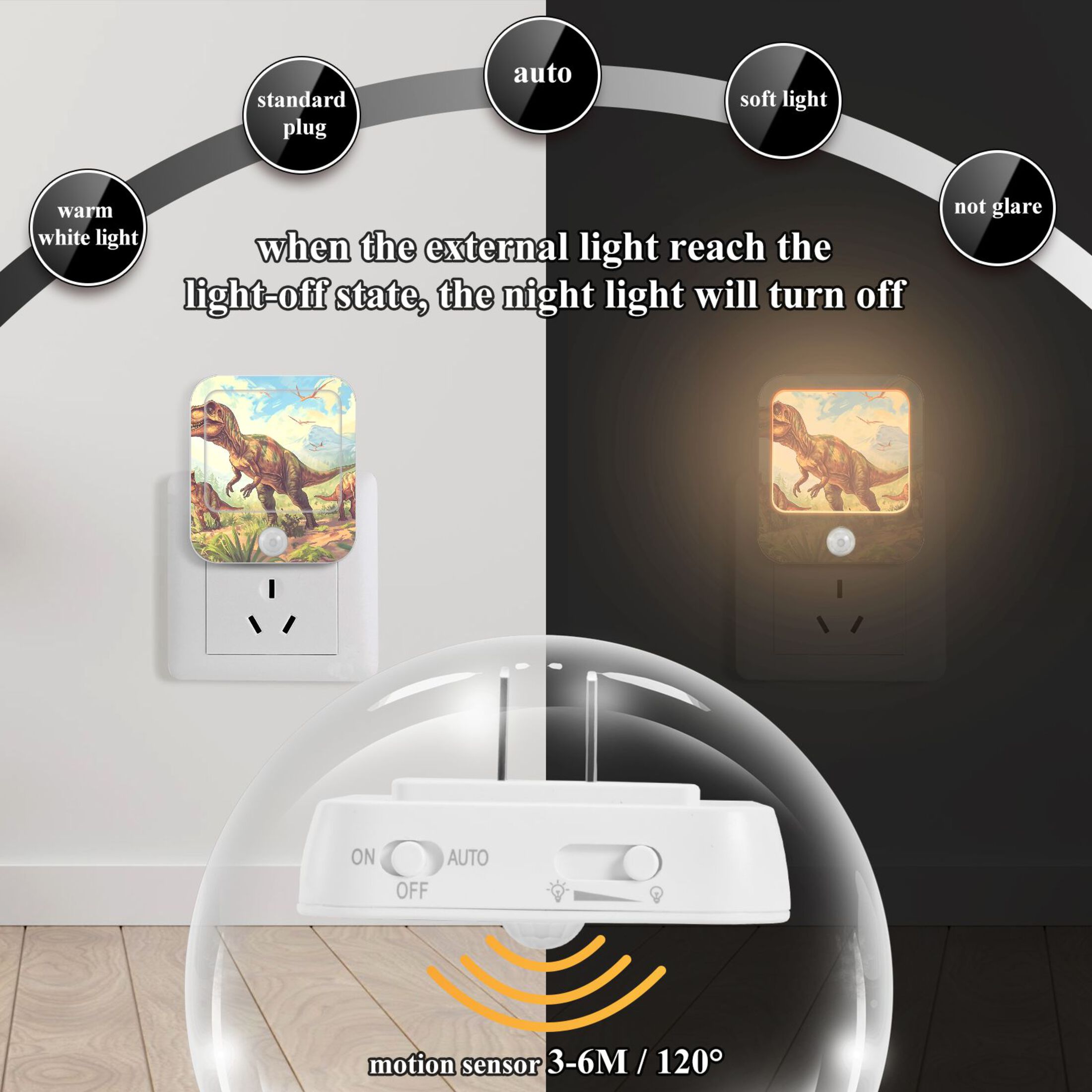 Dinosaurs Trees Leaves Sky Night Lights Plug into Wall LED with Auto Light Sensor Warm Light for Kids Hallway Bedroom Living Room Kitchen Bathroom Set of 2