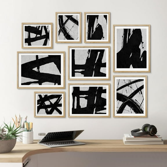 PixonSign Framed Canvas Print Wall Art Set - Thick Black Brushstroke Line Art Posters - Gallery Set of 9 Variety Abstract Geometric Street Graffiti Prints Wall Décor for Rooms - Natural