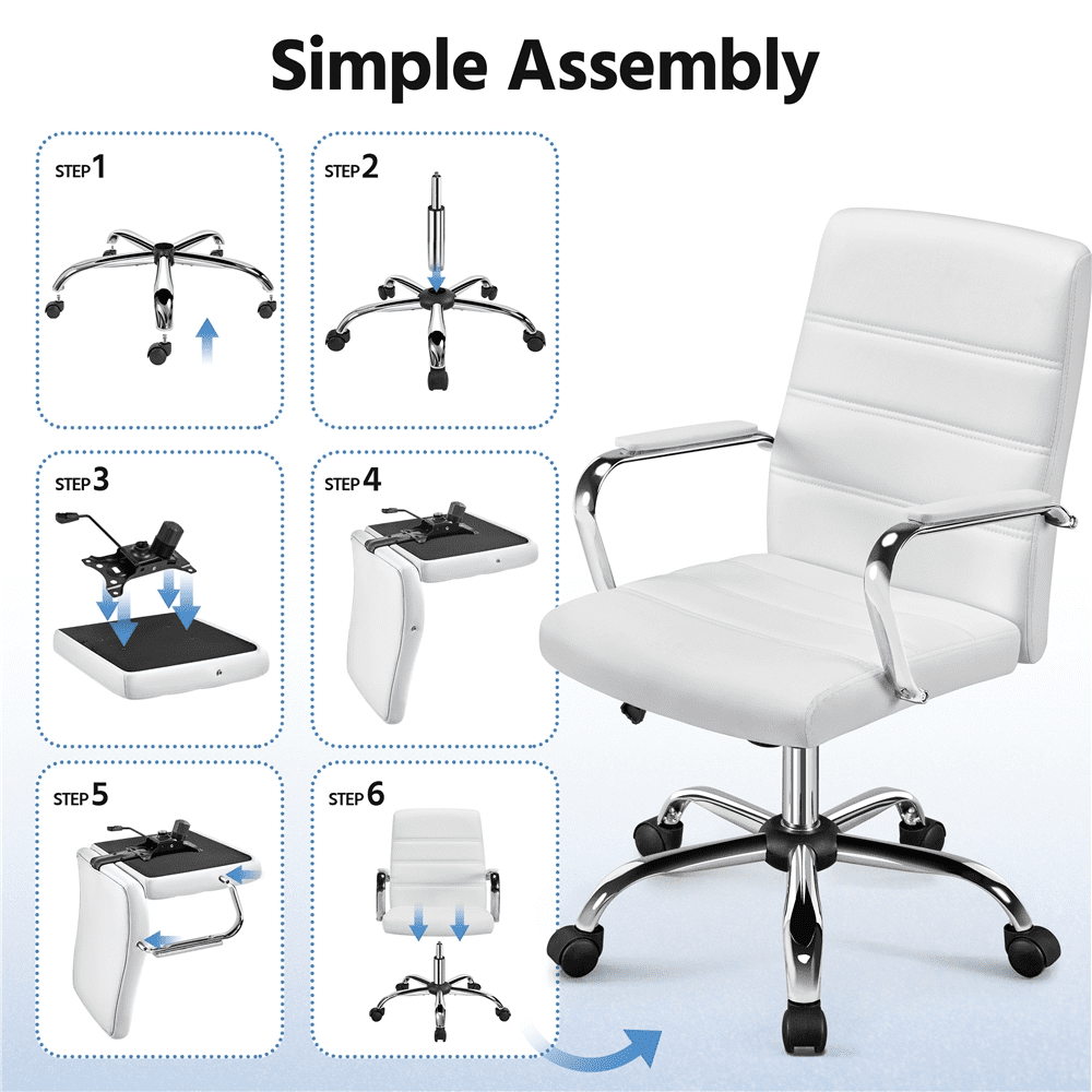 Alden Design Adjustable Swivel Faux Leather Office Chair Mid-Back for Home Office, White