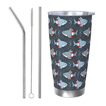 

Goofa Shark Wearing Swim Ring for 20 oz Skinny Tumbler Stainless Steel Coffee Mug Slim Vacuum Insulated Travel Cup Car Cup-Straw Three-piece Set