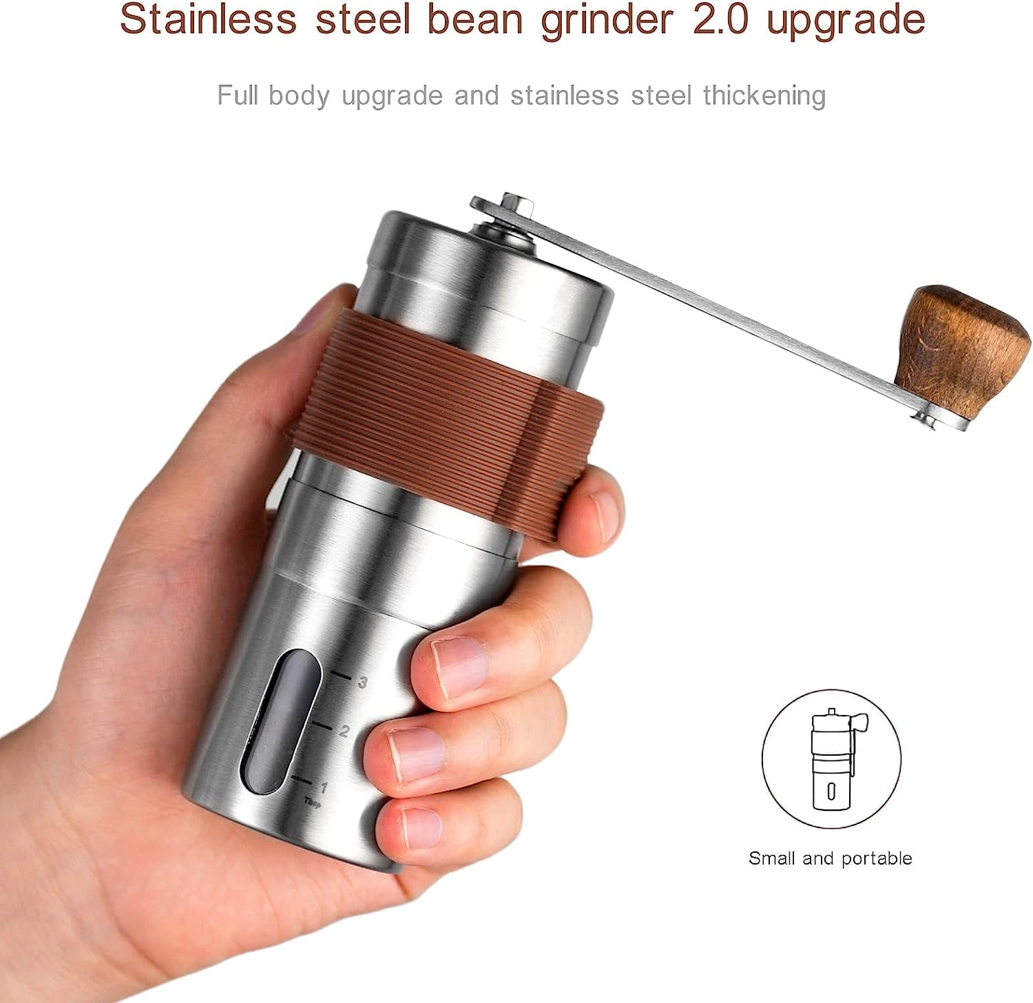 Manual Coffee Grinder Hand Coffee Grinder Bean Grinder with Adjustable Settings Suitable Use for Home Office and Travel Stainless Steel Brown