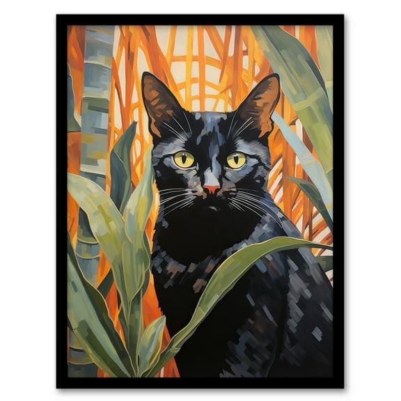 Botanical Black Cat Lovers Portrait Art Print Framed Poster Wall Decor 12x16 inch