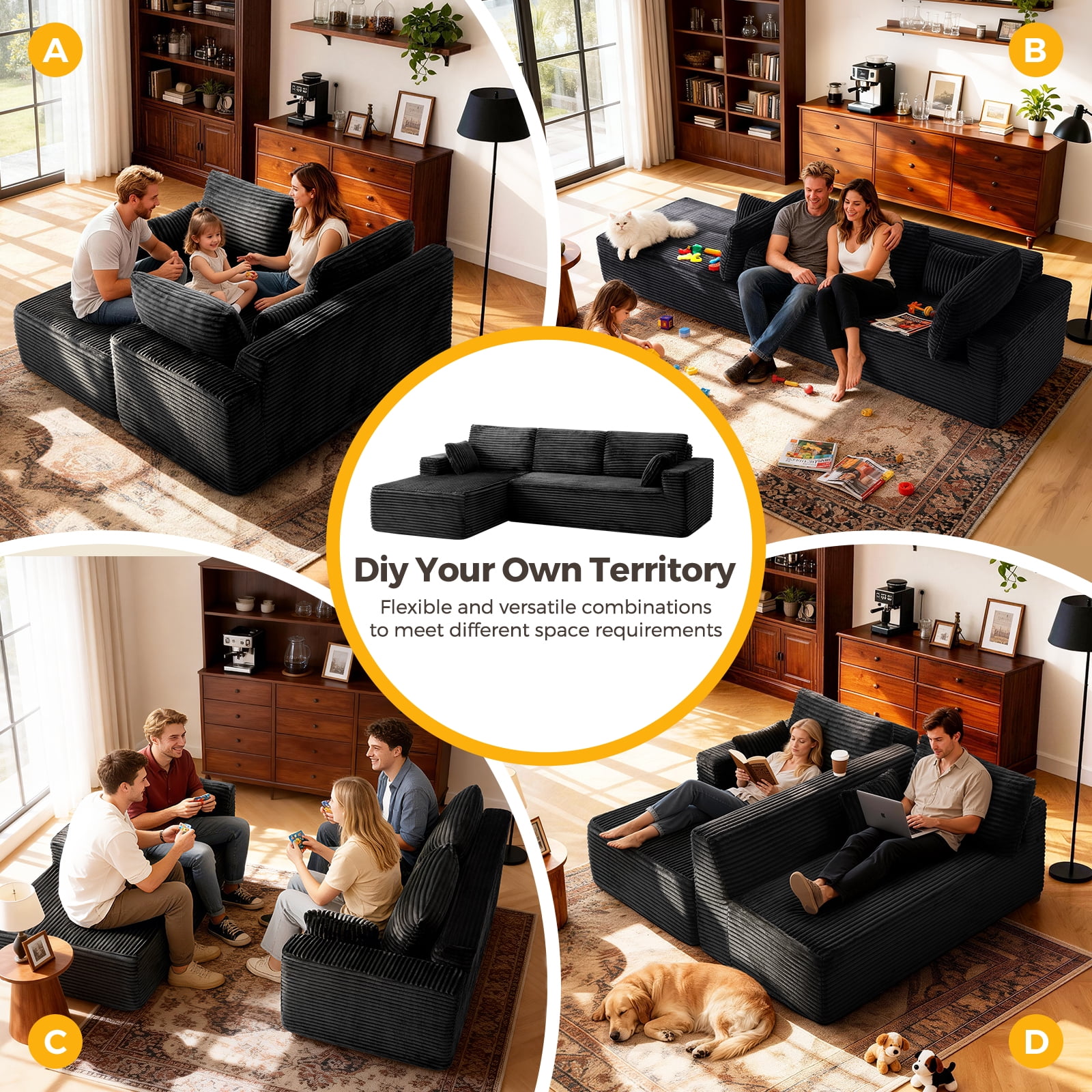 106” Sectional Couch with Chaise, Cloud Boneless Couches Flannel Plush with Deep Seat, L-Shaped Compressed Modular Sofa with Cushions for Living Room, Small Space, Black