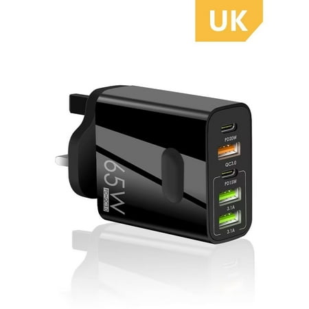 65W Quick Charge Mobile Phone Charger, 4A type-c PD+5USB Multi-port - Black - British Gauge