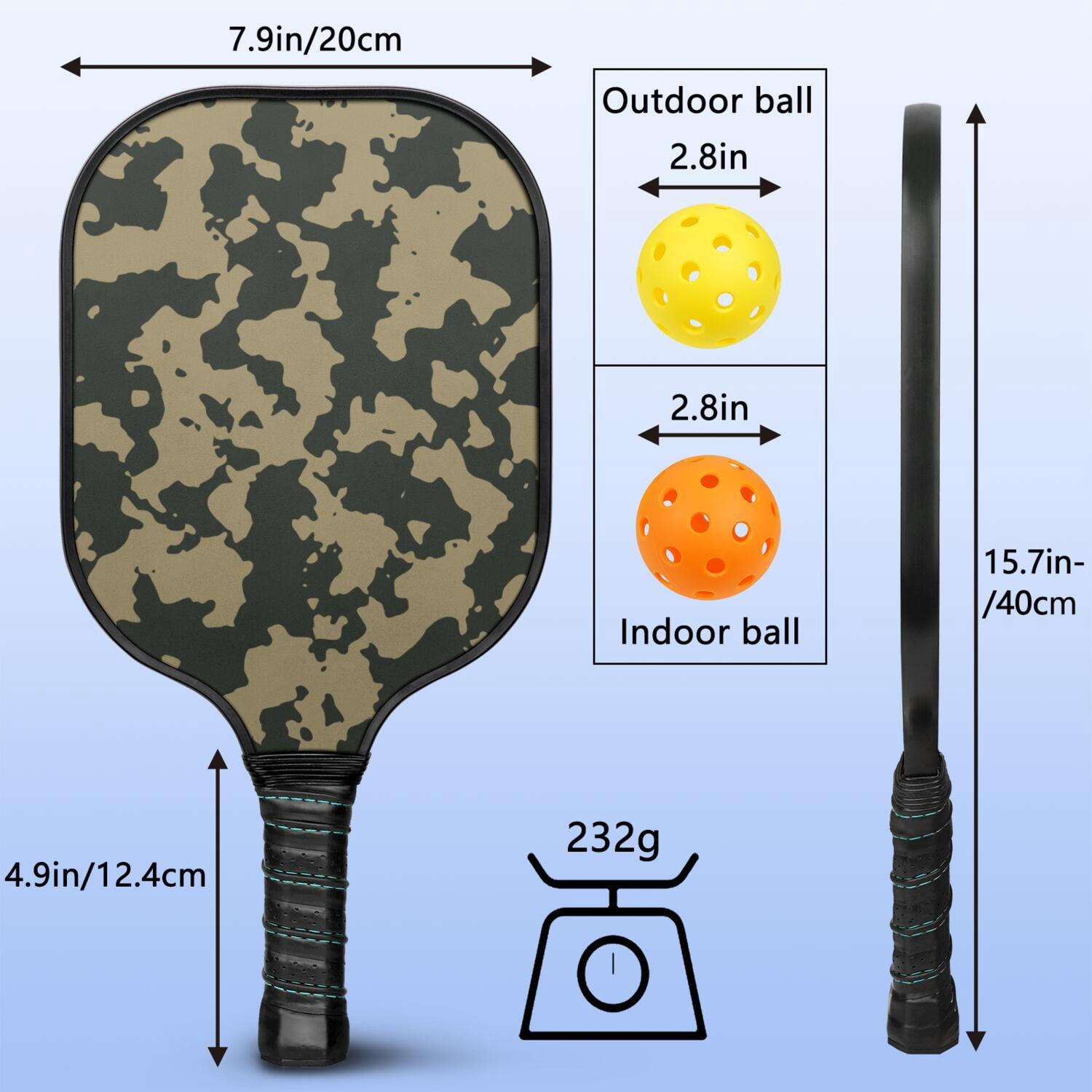 Pickleball Paddles Set Of 1, Fiberglass Surface, Camouflage Print, 1 Paddle, 2 Balls & Bag
