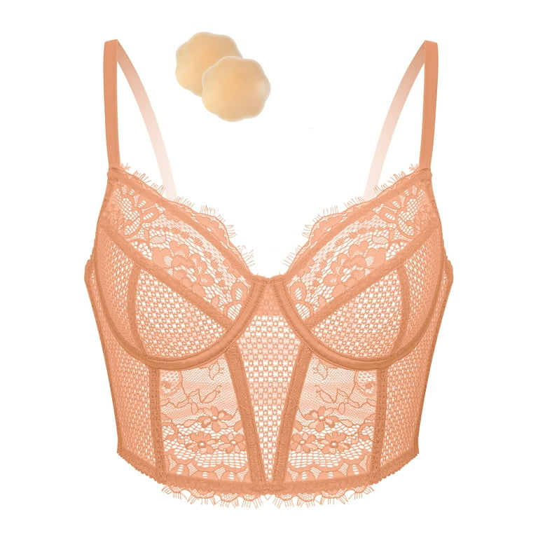 Wingslove Women's Sexy Lace Balconette Bra Longline See Through Unlined  Underwire Multiway Bralette with Silicone Nipple, Coral Orange 38B