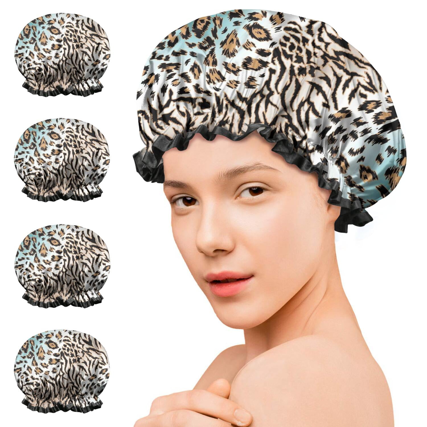Shower Caps,Leopard and Tiger Pattern Waterproof Shower Cap for Women 4 Pieces,Double Reusable Hair Cover for Shower PEVA Elastic Stretch Hem
