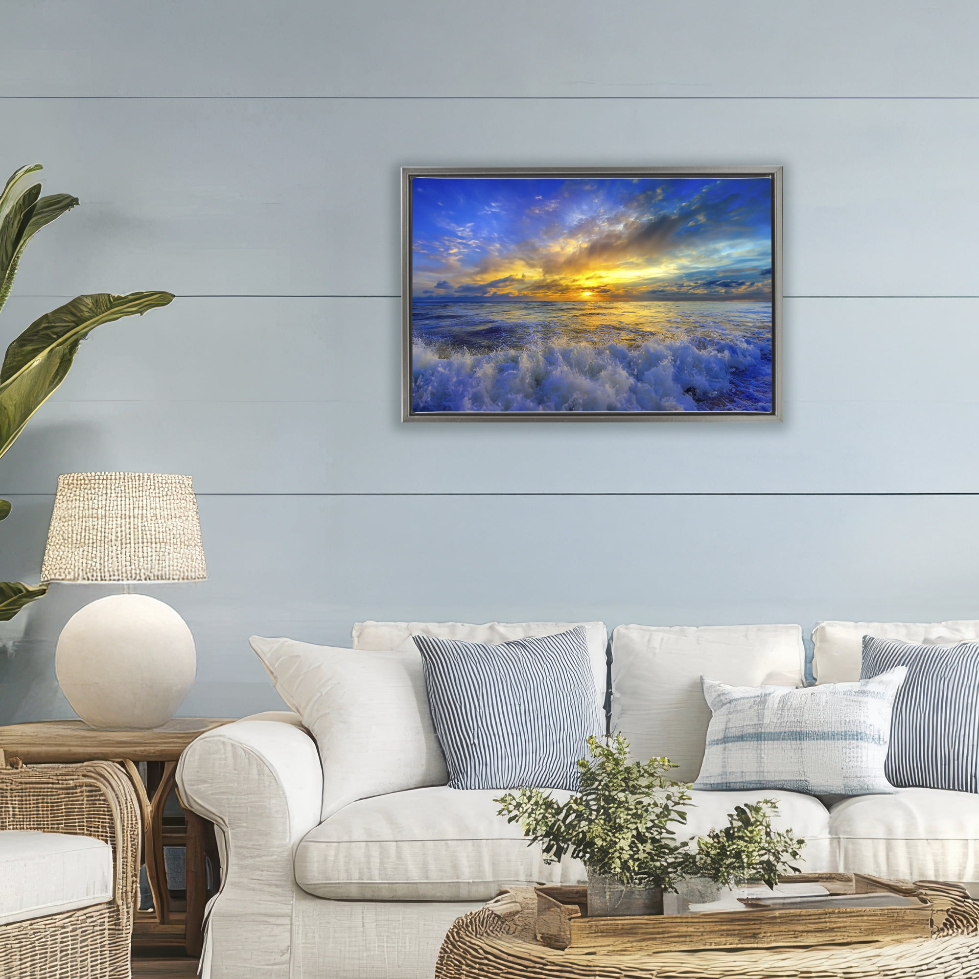 Stupell Industries Golden Blue Sunset over Waves Gray Framed Floater Canvas Wall Art, design by Eszra Tanner