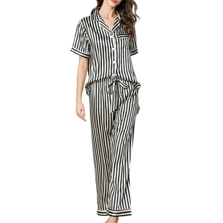 

UKAP Women Short Sleeve 2PCS Silk Satin Pajamas Set Jersey Sleepwear Pjs Summer Striped Button Down Nightwear with Long Pants