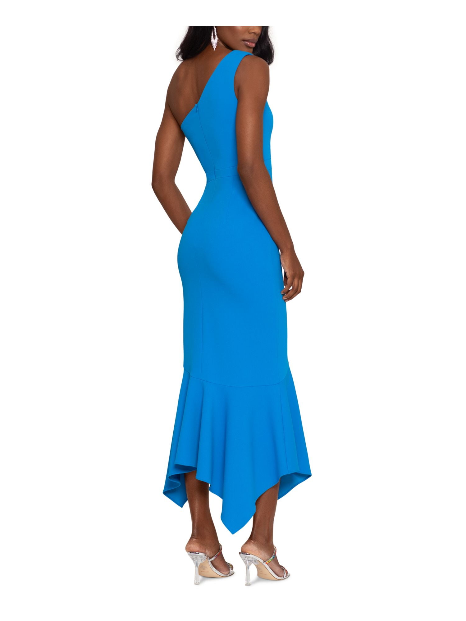 open lace back dress Xscape Petite One-Shoulder Applique Ball Gown - Blue Gold