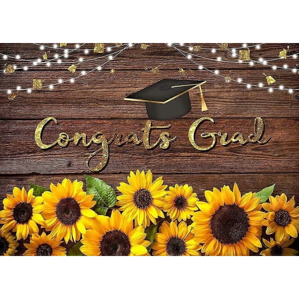 Congrats Graduation Backdrops Rustic Sunflowers Wood Board Banner Class of 2022 Grad Prom Party Photography Backdrop Black Gold Grad Cap 5x3ft Photo B