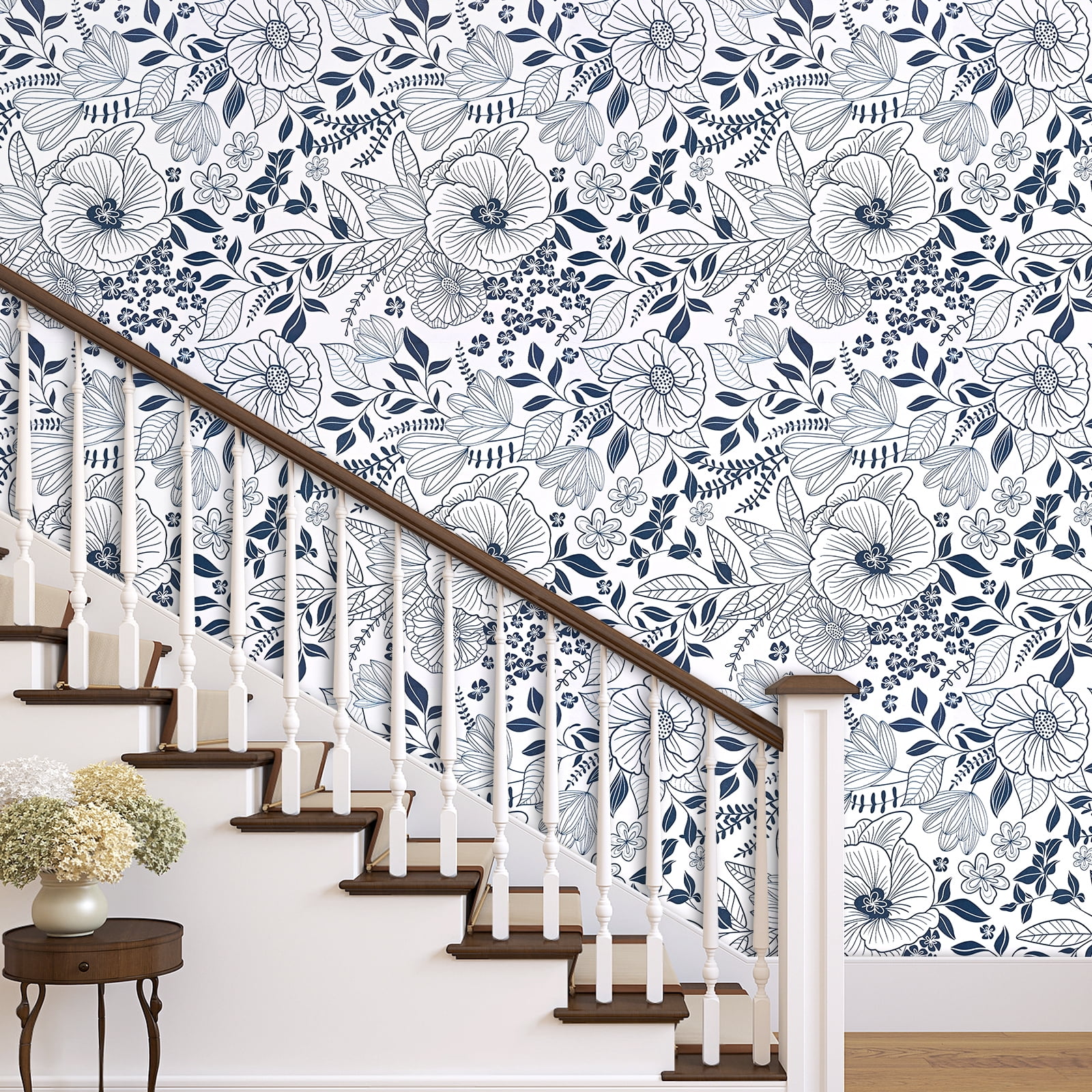 DAZLUTE Peel and Stick Removable Wallpaper White Blue Floral Contact Paper Wallpaper,17.72" x 394"