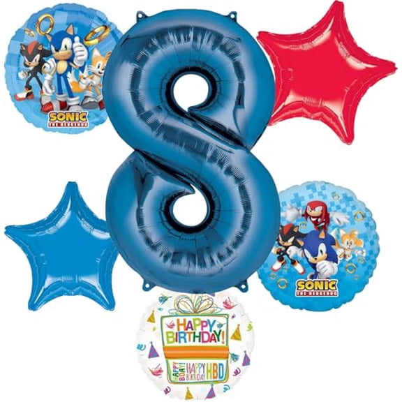 Anagram Sonic 8th Birthday Party Supplies Video Gamers Hedgehog Foil Balloon Bouquet Decorations 6pc