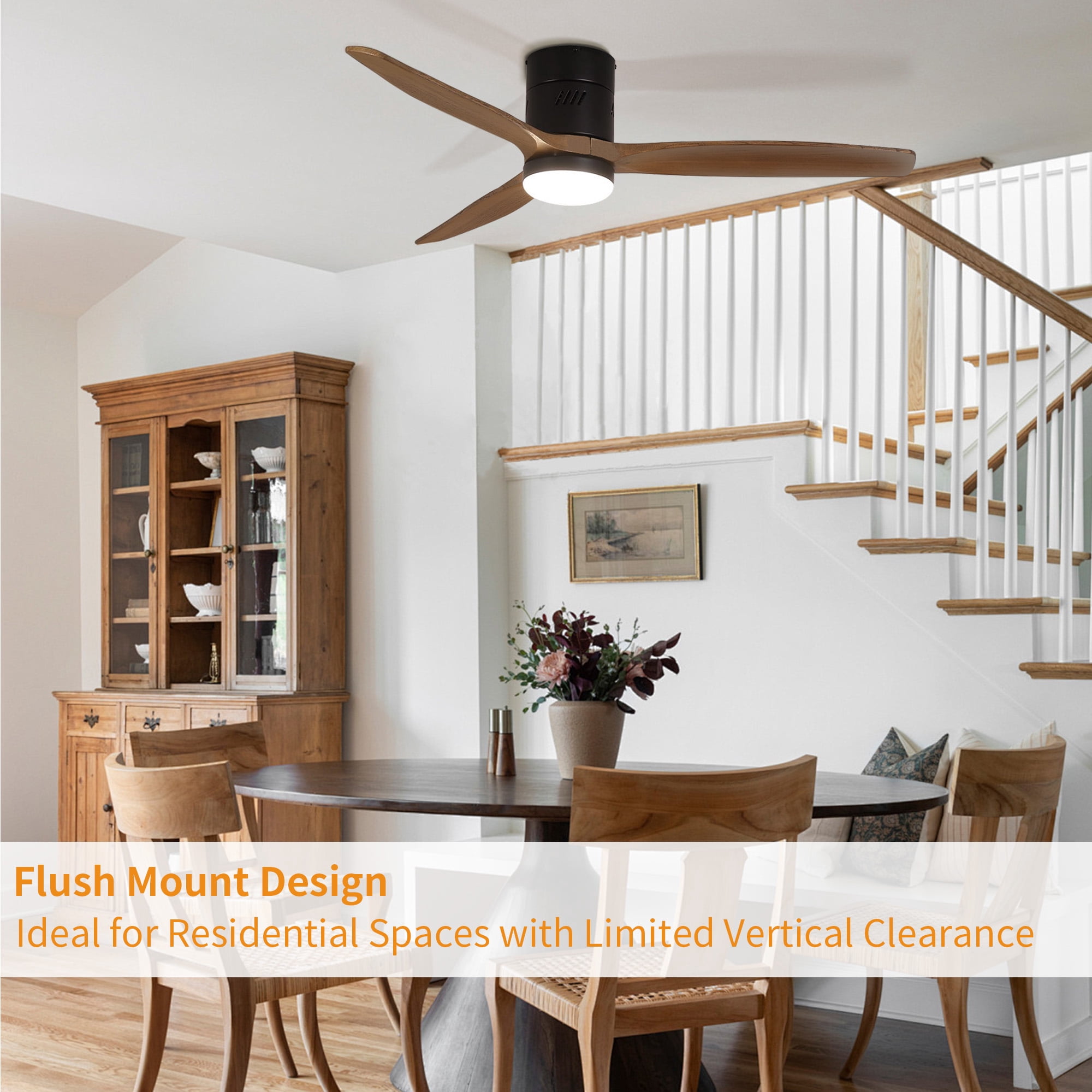 Taimei Ryme 52 in. Black Light Oak Flush Mount Ceiling Fan with Light and Remote, DC Motor, Reversible