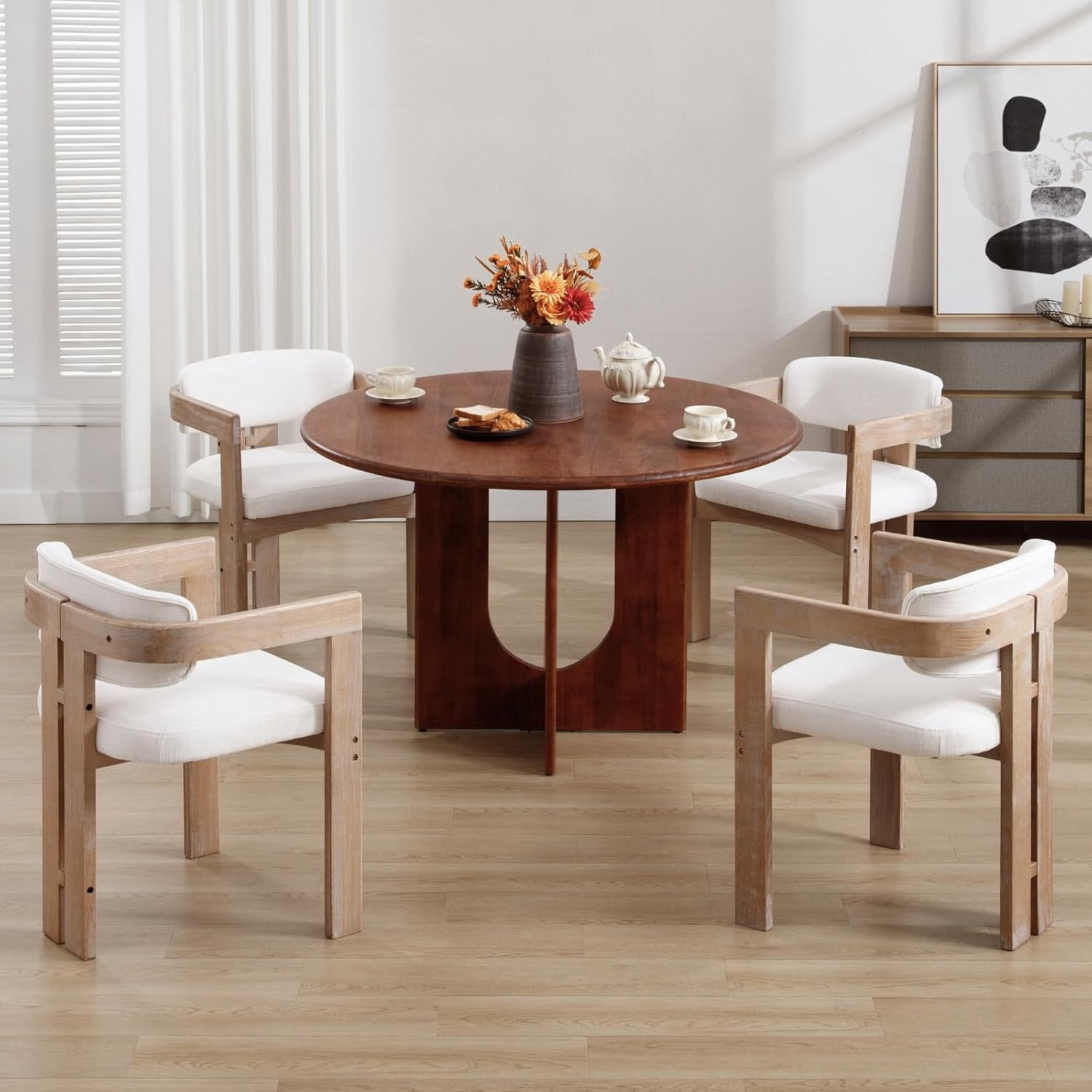 Guyou Linen Dining Chairs - Set of 6, 24" Wide Barrel Back Armchairs for Dining Room & Kitchen, Modern Curved Back Chairs with Black Wood Frame, Beige
