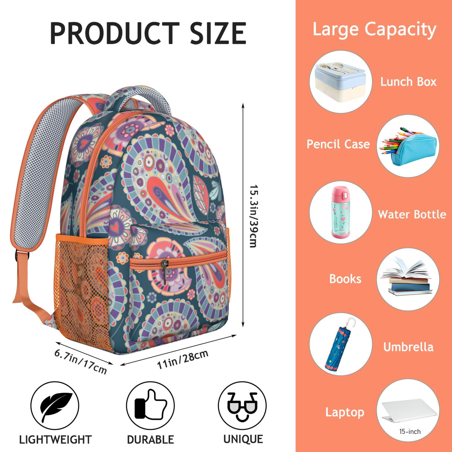 Aesthetic Paisley Design Waterproof Backpack - Colorful Ethnic Print & Breathable Straps for Teens